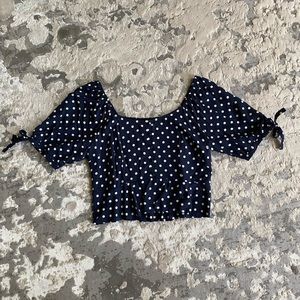 J Crew Navy and White Polka Dot Cropped Blouse